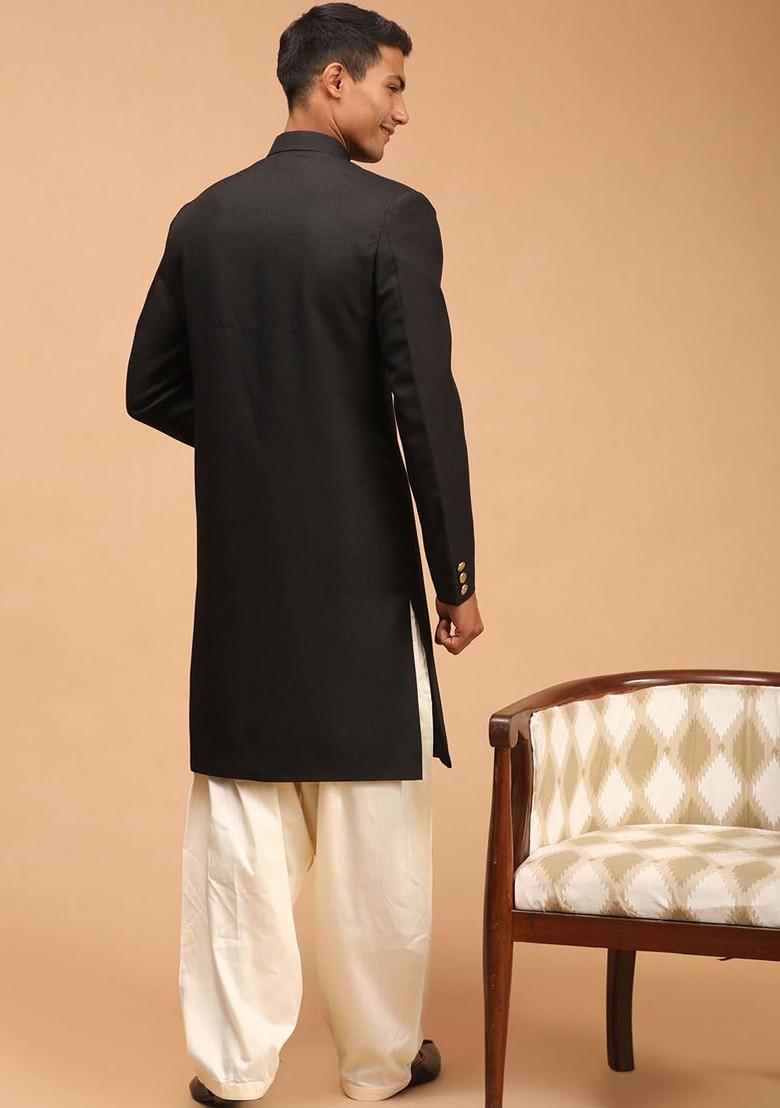 Black Solid Poly Blend Indowestern Sherwani Set For Men