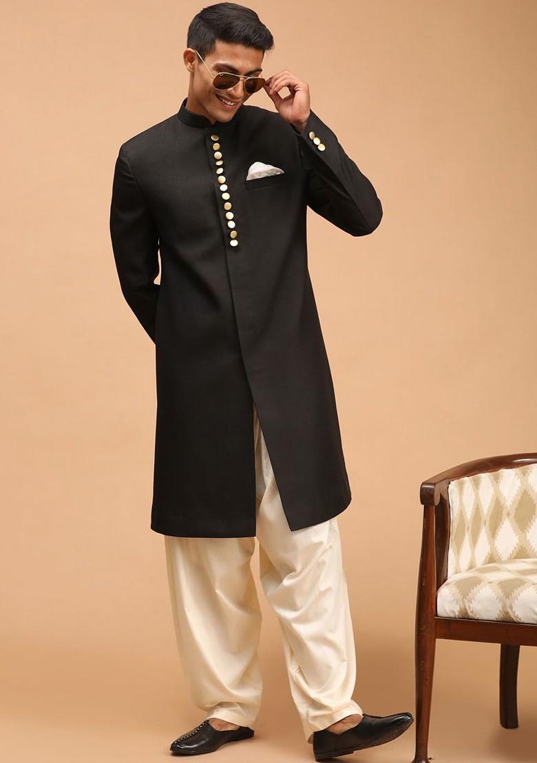 Black Solid Poly Blend Indowestern Sherwani Set For Men