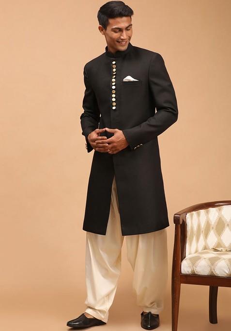 Black Solid Poly Blend Indowestern Sherwani Set For Men