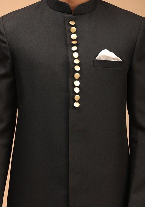 Black Solid Poly Blend Indowestern Sherwani Set For Men