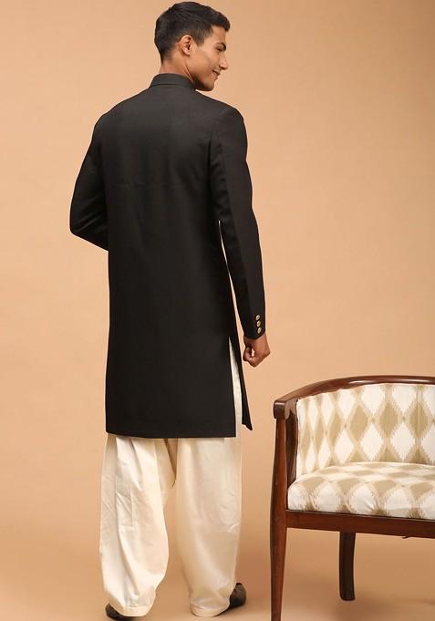 Black Solid Poly Blend Indowestern Sherwani Set For Men