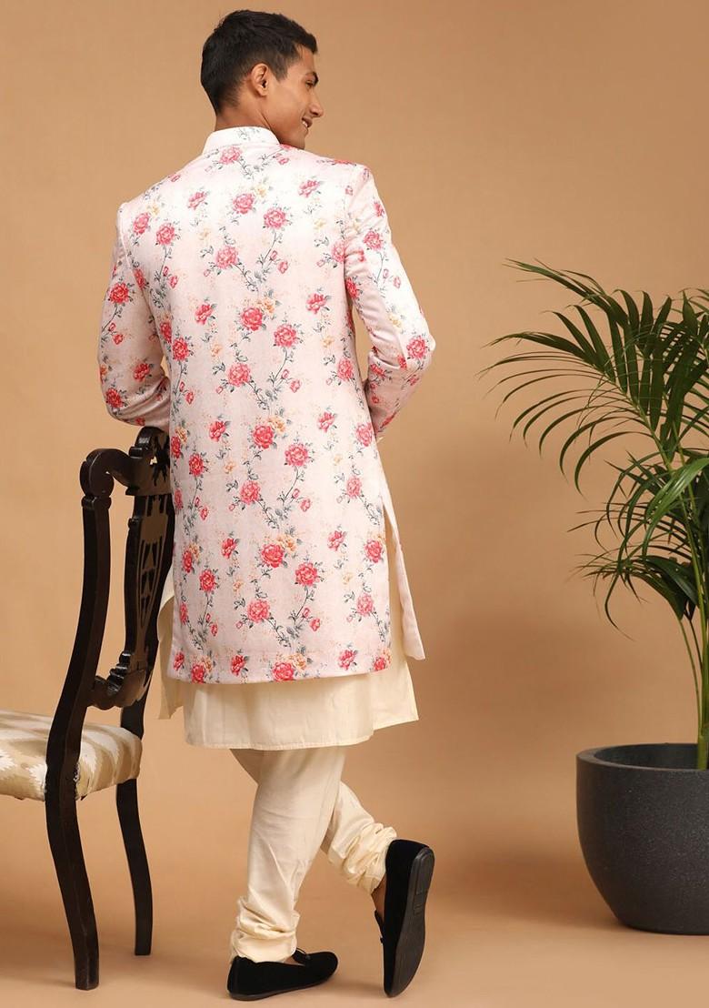Peach Floral Print Poly Blend Indowestern Sherwani Set For Men