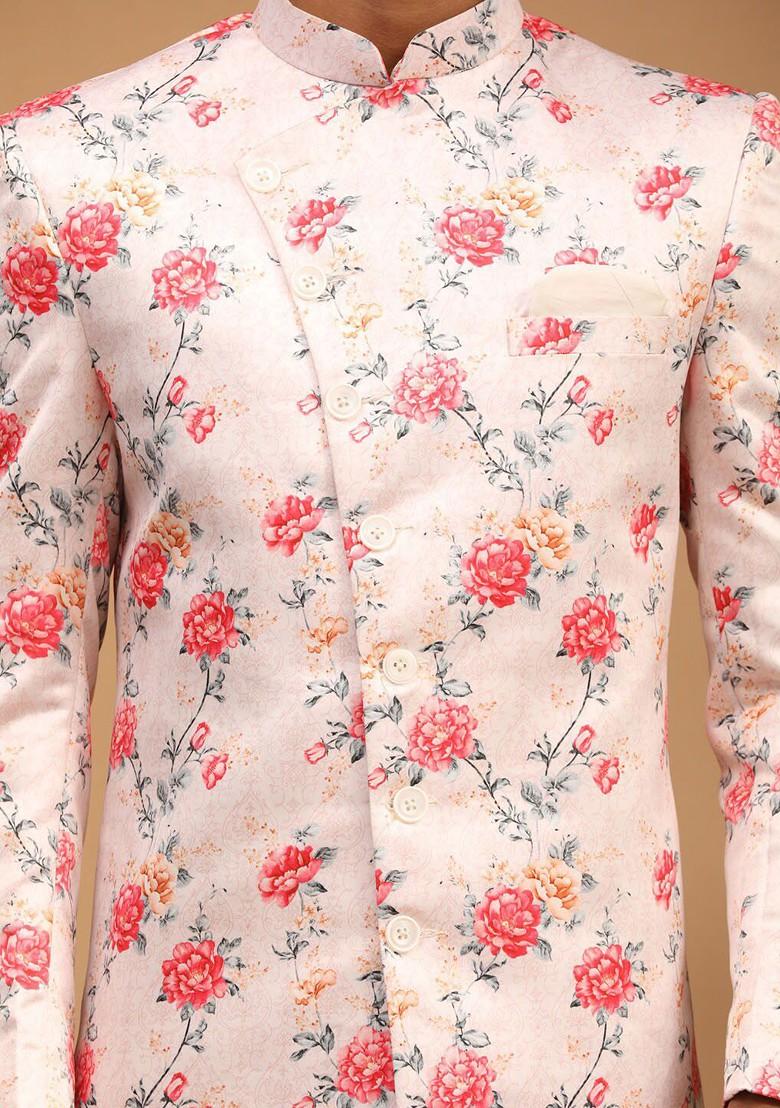 Peach Floral Print Poly Blend Indowestern Sherwani Set For Men