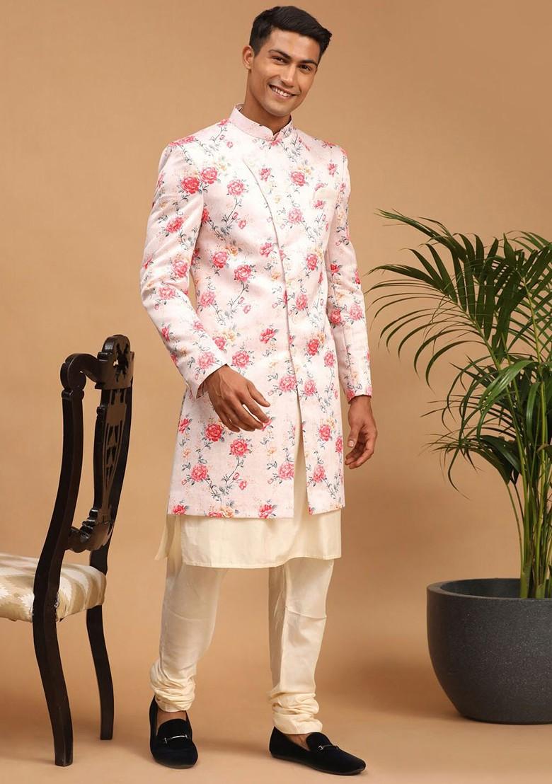 Peach Floral Print Poly Blend Indowestern Sherwani Set For Men