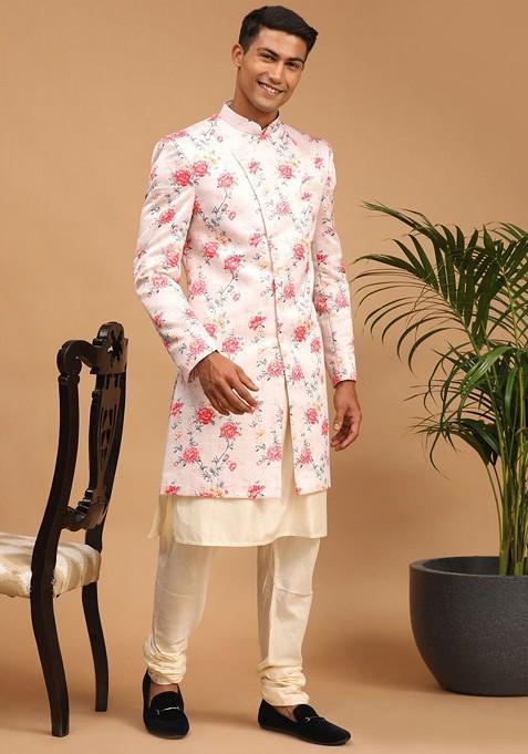 Peach Floral Print Poly Blend Indowestern Sherwani Set For Men
