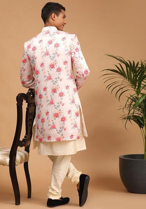 Peach Floral Print Poly Blend Indowestern Sherwani Set For Men