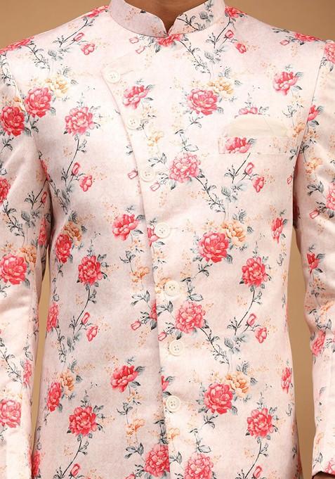Peach Floral Print Poly Blend Indowestern Sherwani Set For Men