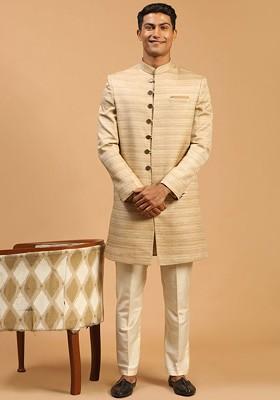 Beige Solid Poly Blend Indowestern Sherwani Set For Men