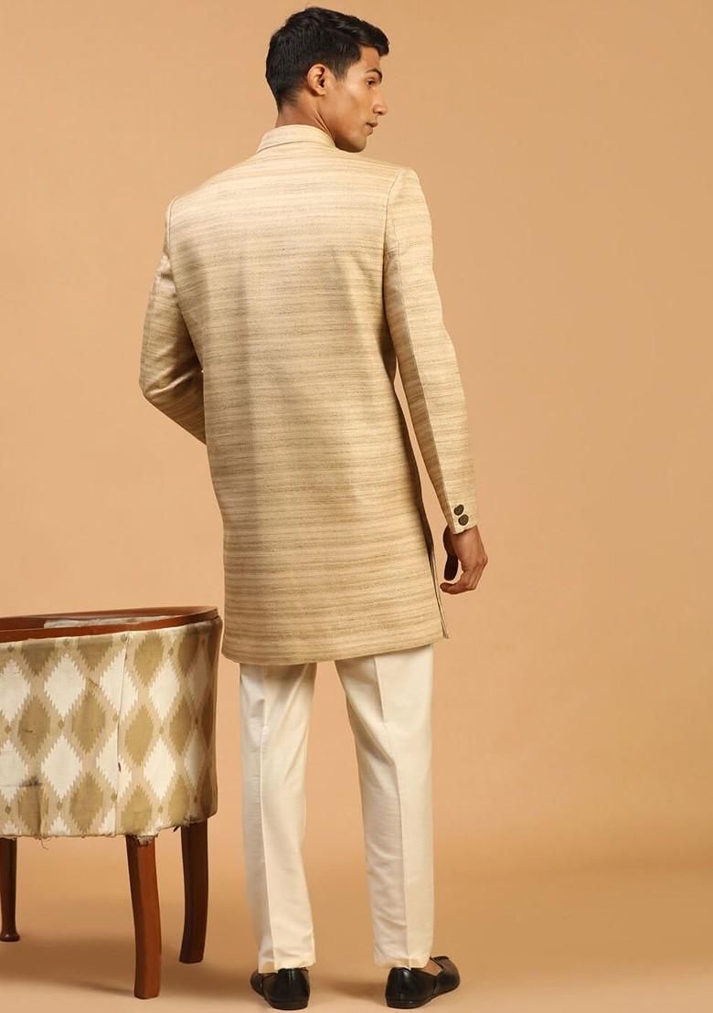 Beige Solid Poly Blend Indowestern Sherwani Set For Men