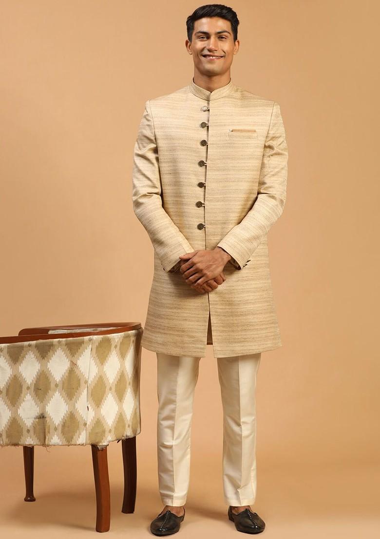 Beige Solid Poly Blend Indowestern Sherwani Set For Men