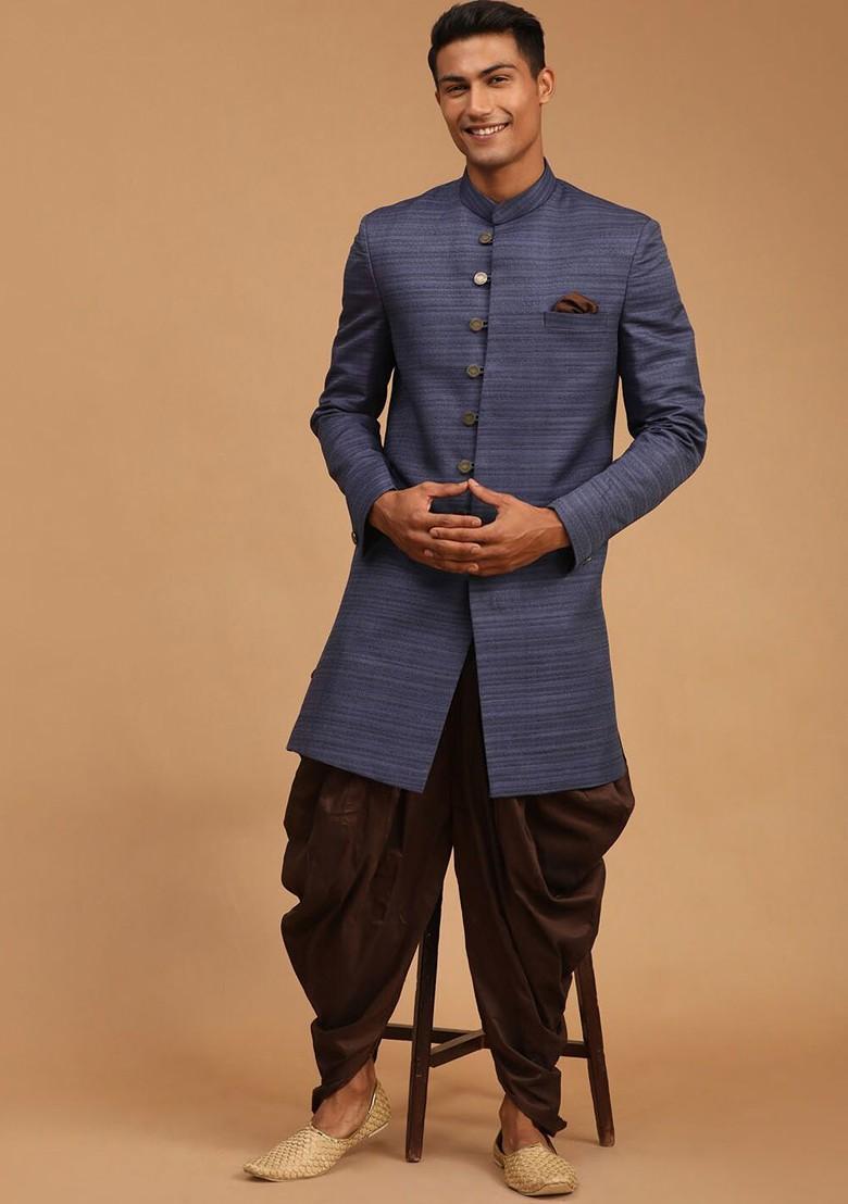 Navy Blue Striped Poly Blend Indowestern Sherwani Set For Men