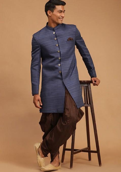 Navy Blue Striped Poly Blend Indowestern Sherwani Set For Men
