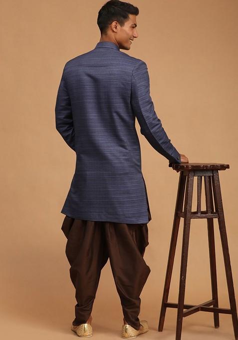 Navy Blue Striped Poly Blend Indowestern Sherwani Set For Men