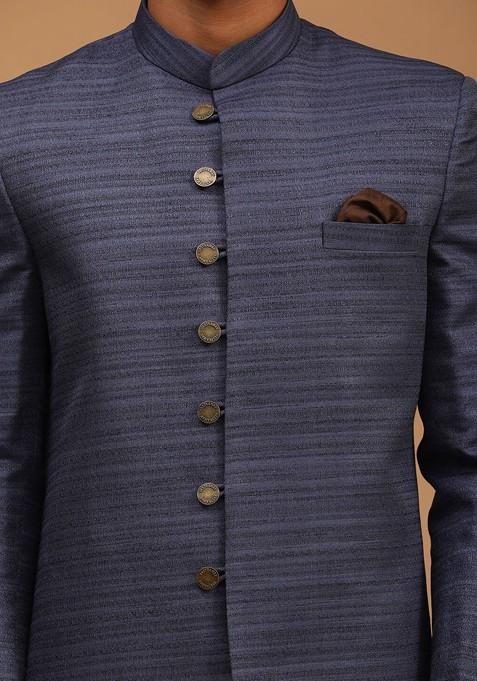 Navy Blue Striped Poly Blend Indowestern Sherwani Set For Men