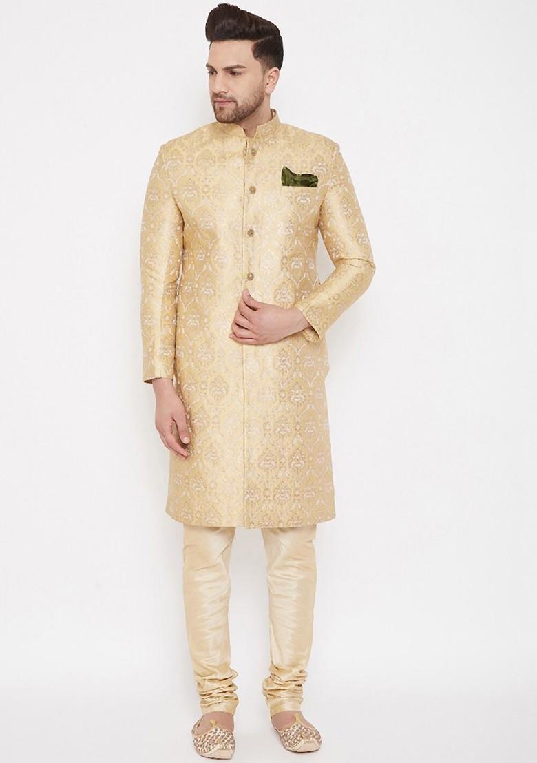 Gold Solid Poly Blend Indowestern Sherwani Set For Men