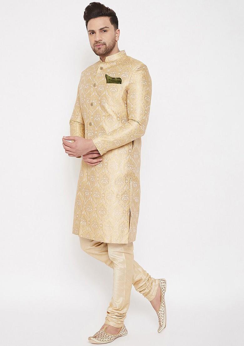 Gold Solid Poly Blend Indowestern Sherwani Set For Men