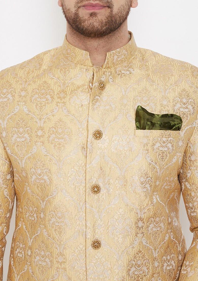 Gold Solid Poly Blend Indowestern Sherwani Set For Men