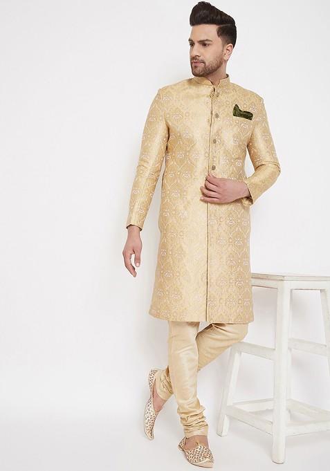 Gold Solid Poly Blend Indowestern Sherwani Set For Men