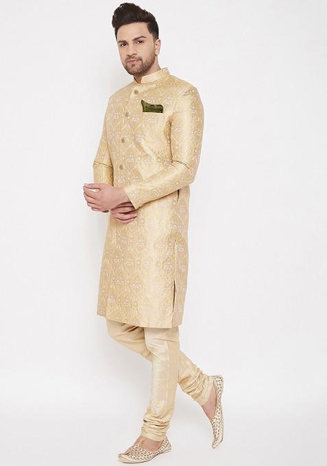 Gold Solid Poly Blend Indowestern Sherwani Set For Men