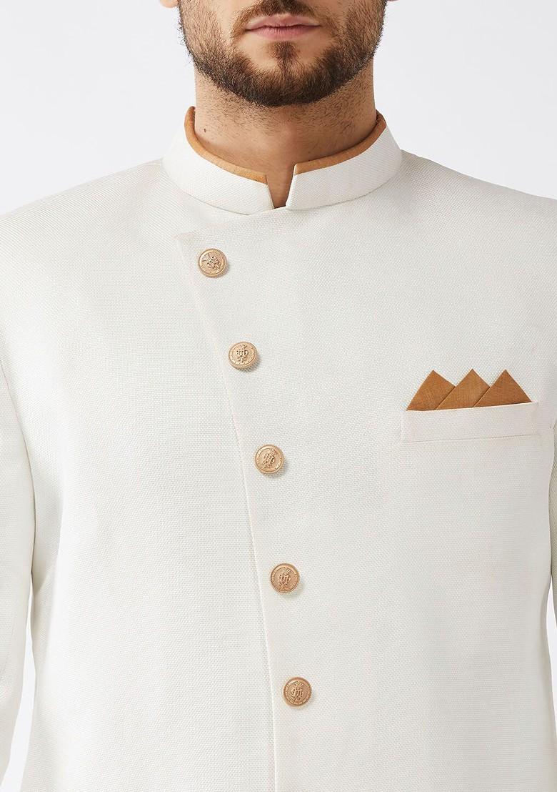 White Solid Cotton Indowestern Sherwani Set For Men