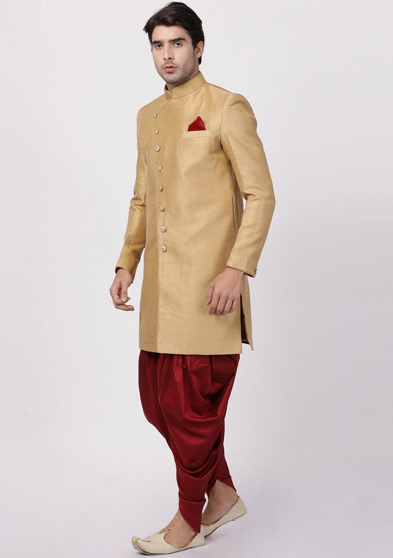Beige Solid Silk Indowestern Sherwani Set For Men