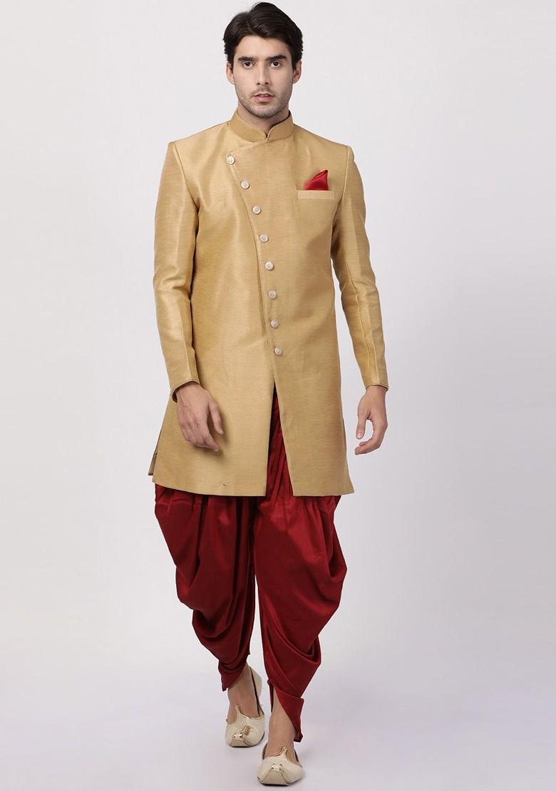 Beige Solid Silk Indowestern Sherwani Set For Men