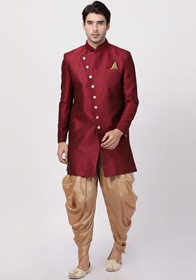 Maroon Solid Silk Indowestern Sherwani Set For Men