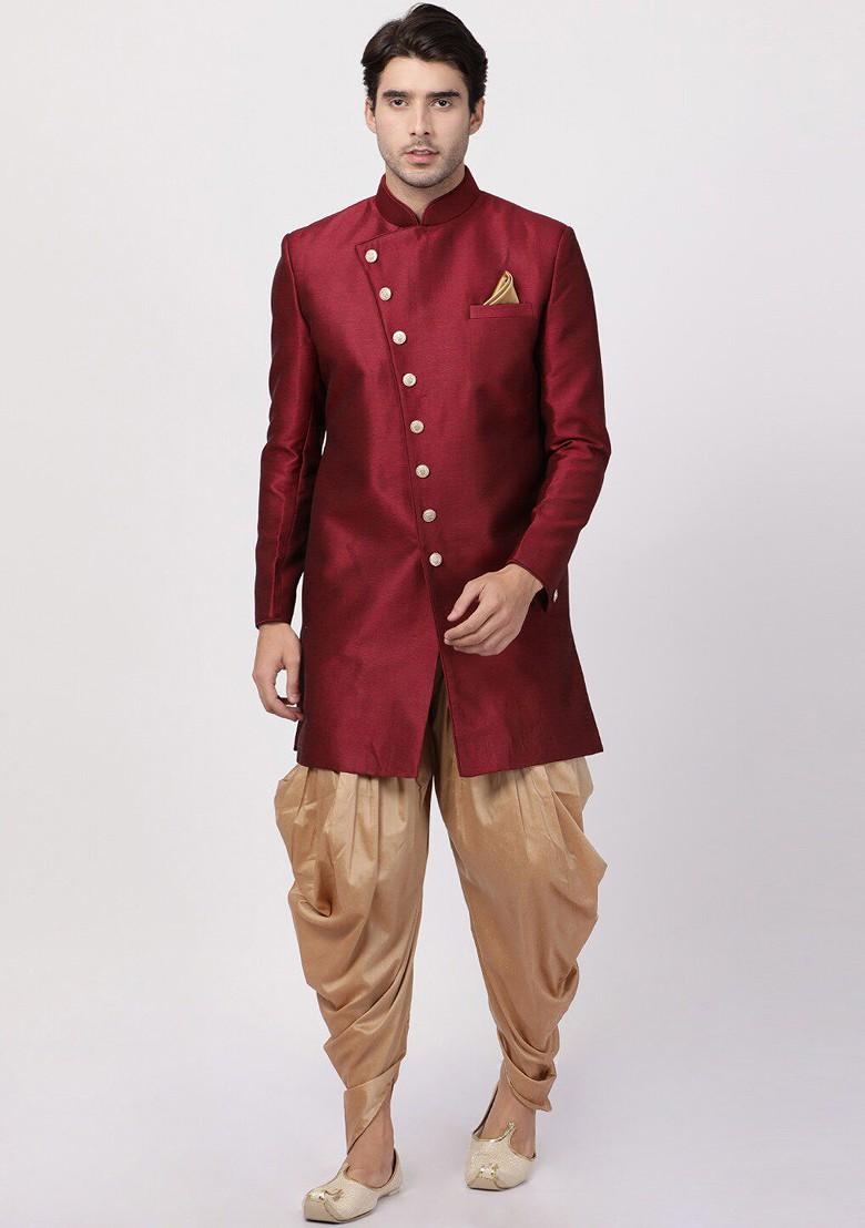 Maroon Solid Silk Indowestern Sherwani Set For Men