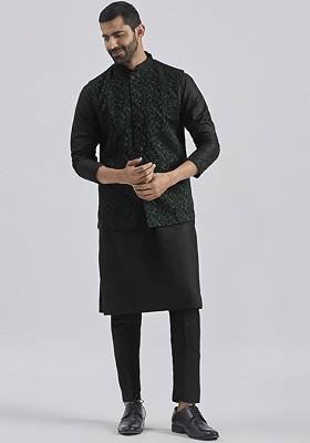 Green Solid Jacquard Kurta Set For Men