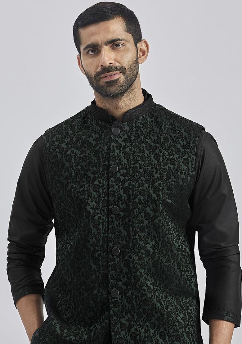 Green Solid Jacquard Kurta Set For Men