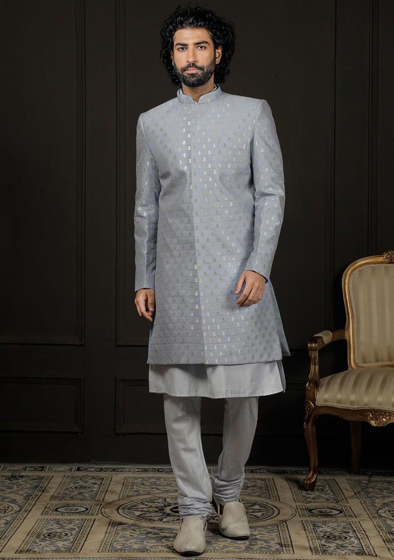 Blue Printed Poly Blend Indowestern Sherwani Set For Men