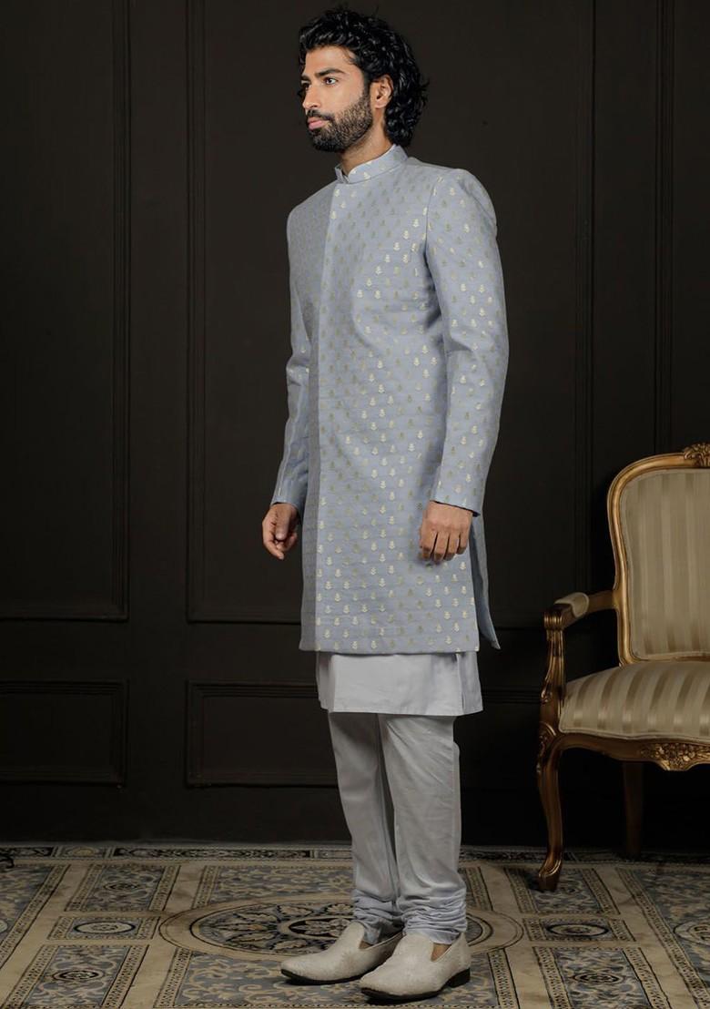 Blue Printed Poly Blend Indowestern Sherwani Set For Men
