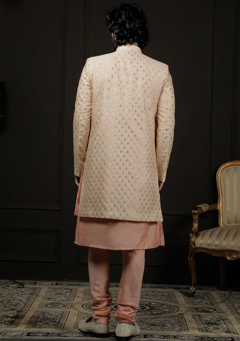 Peach Embroidered Poly Blend Indowestern Sherwani Set For Men
