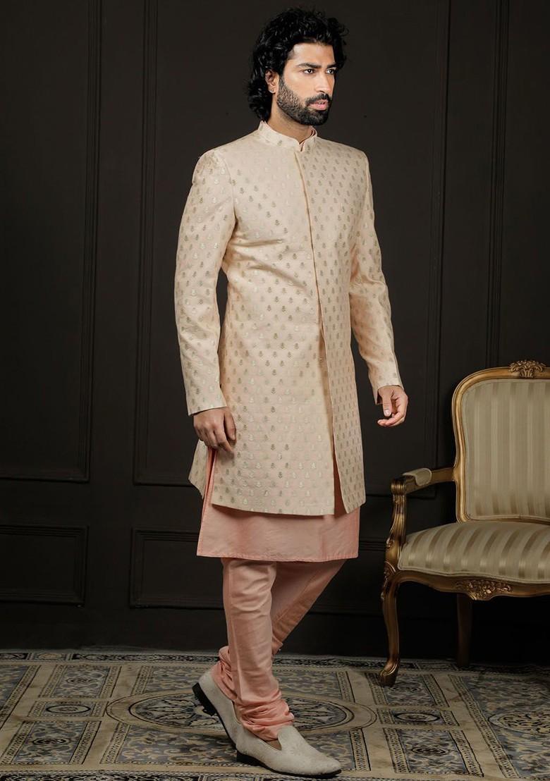 Peach Embroidered Poly Blend Indowestern Sherwani Set For Men