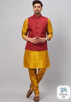 Mustard Woven Poly Blend Kurta Set For Men