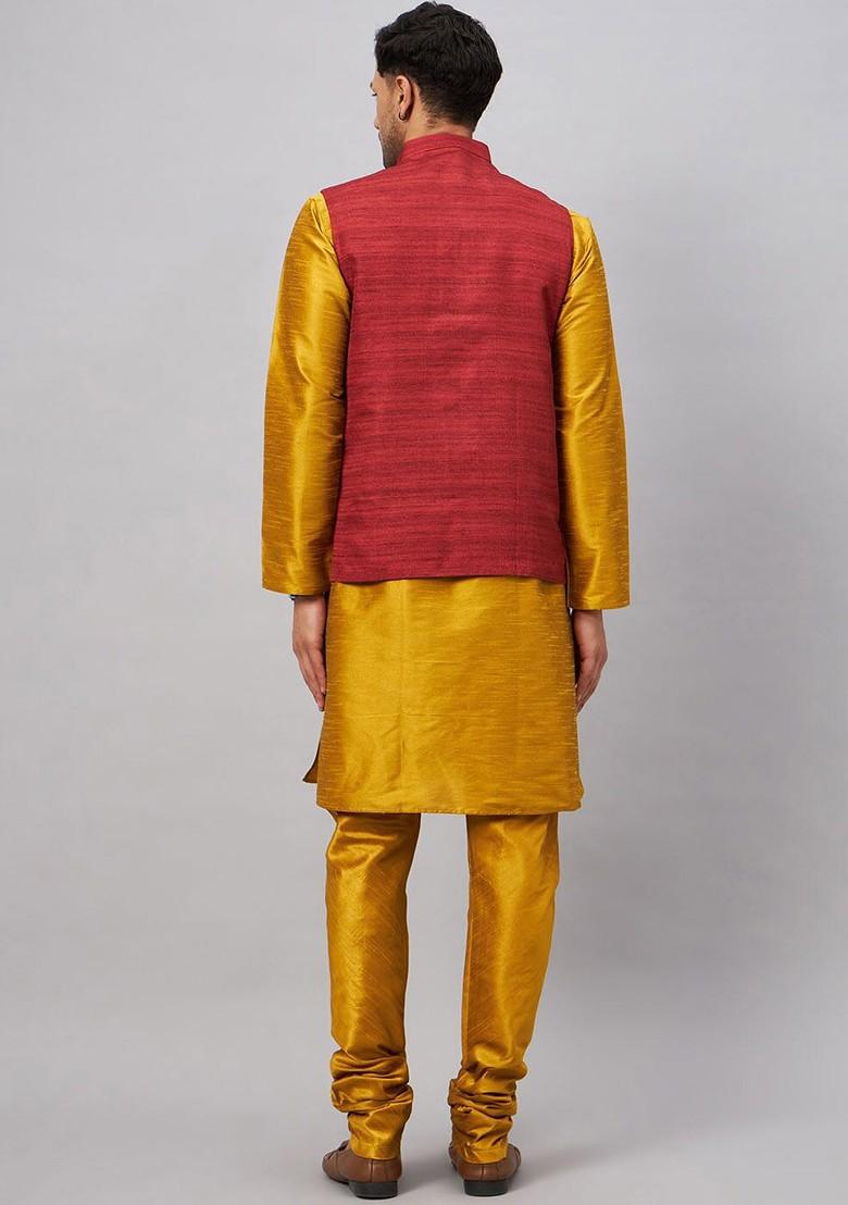 Mustard Woven Poly Blend Kurta Set For Men
