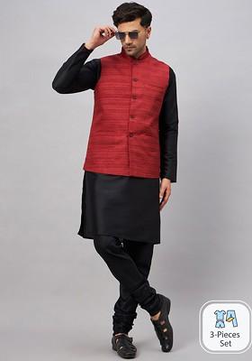 Black Woven Poly Blend Kurta Set For Men