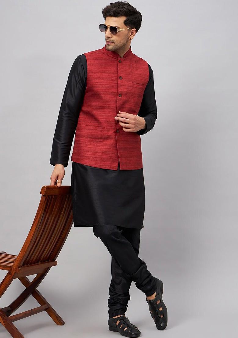 Black Woven Poly Blend Kurta Set For Men