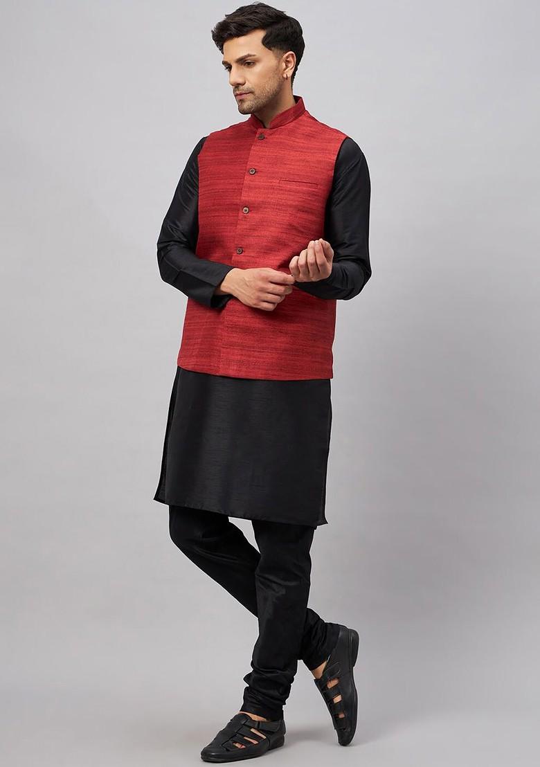 Black Woven Poly Blend Kurta Set For Men