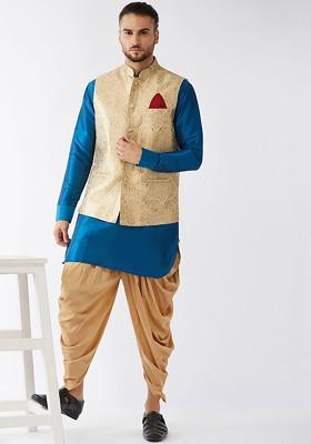 Turquoise Blue Woven Poly Blend Kurta Set For Men