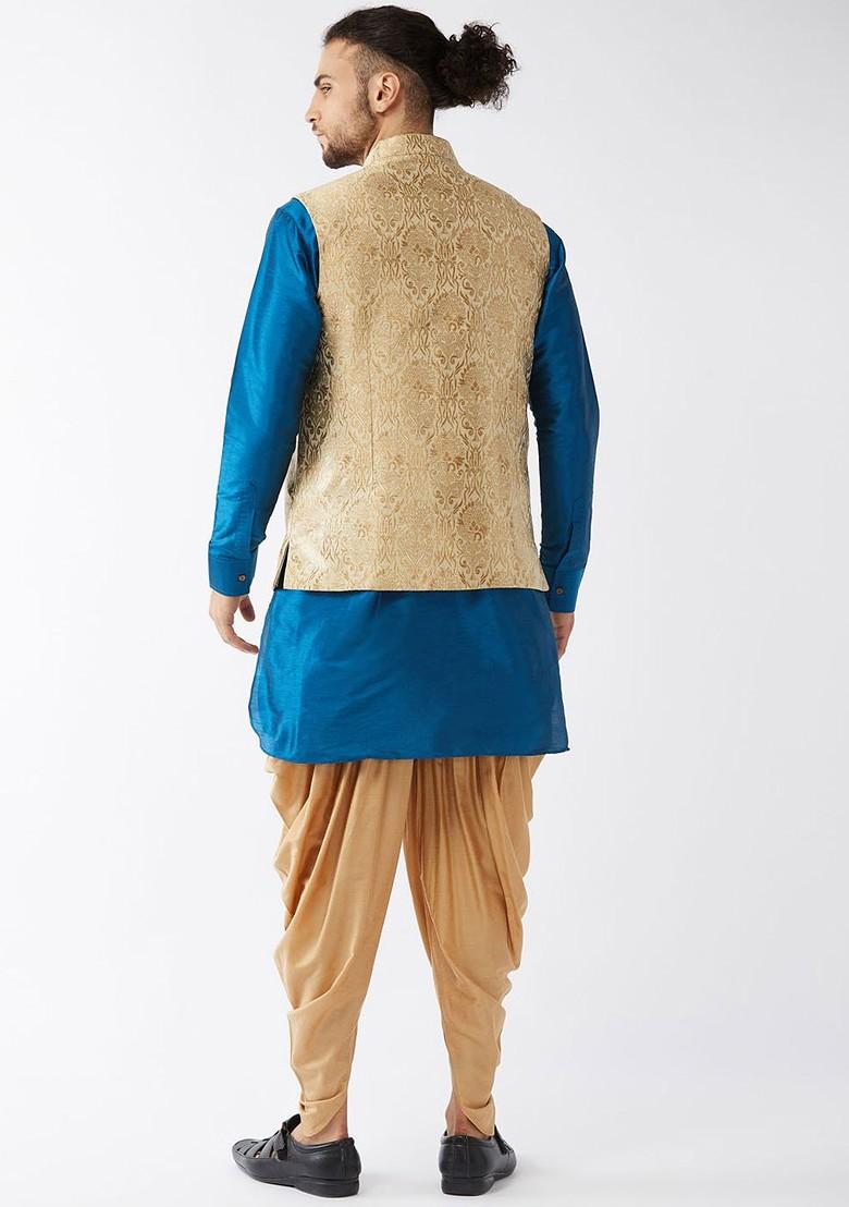 Turquoise Blue Woven Poly Blend Kurta Set For Men
