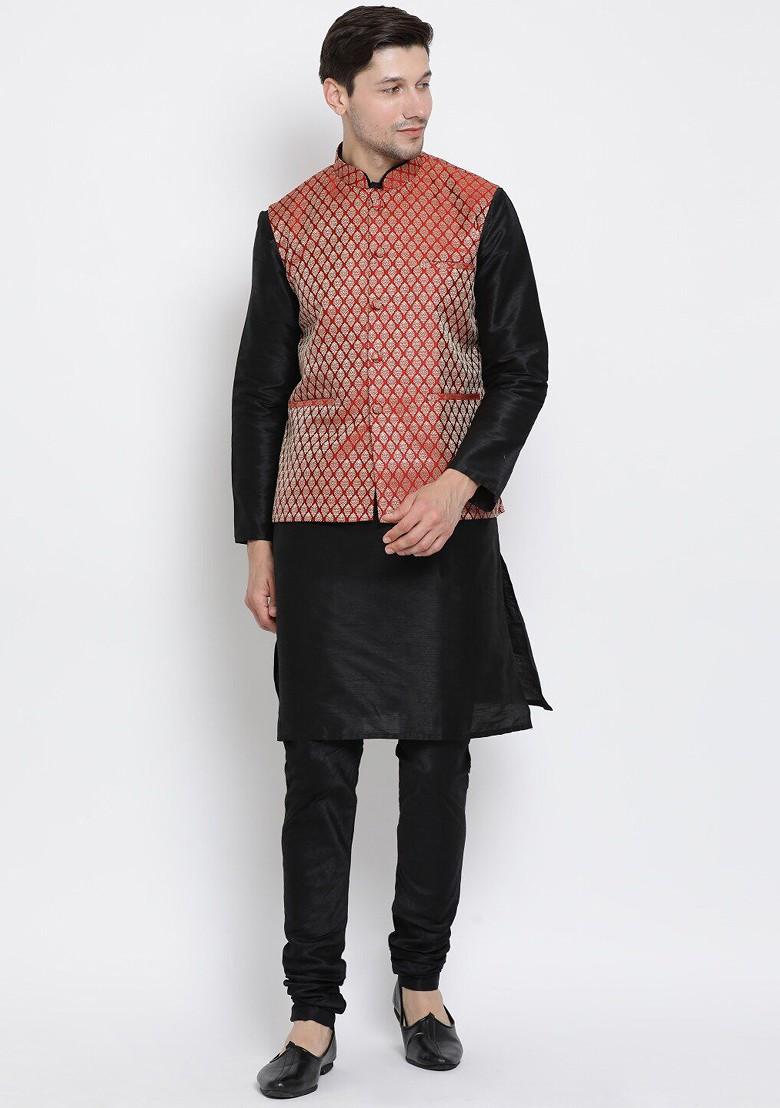 Black Woven Poly Blend Kurta Set For Men