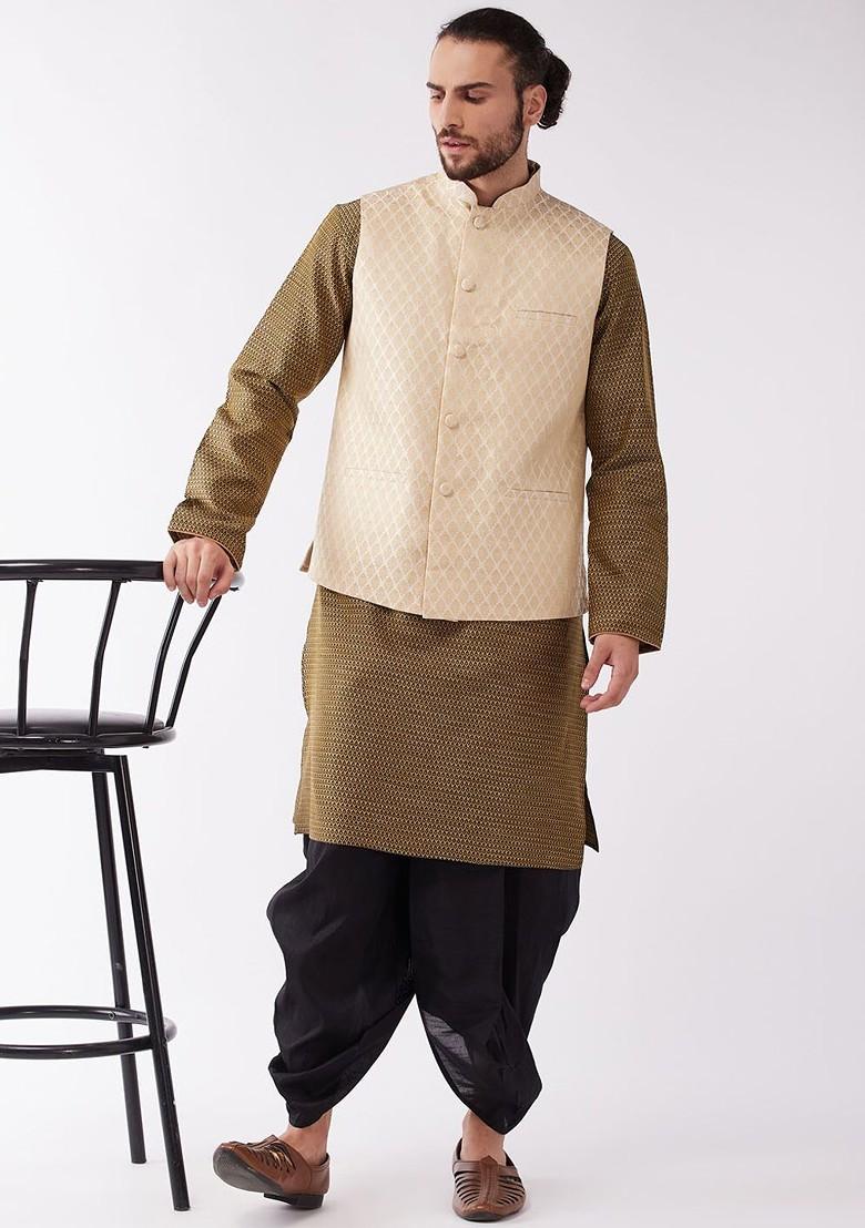 Green Woven Poly Blend Kurta Set For Men