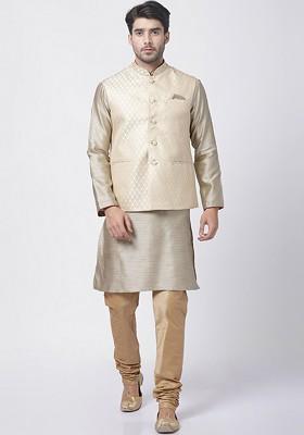 Beige Woven Poly Blend Kurta Set For Men