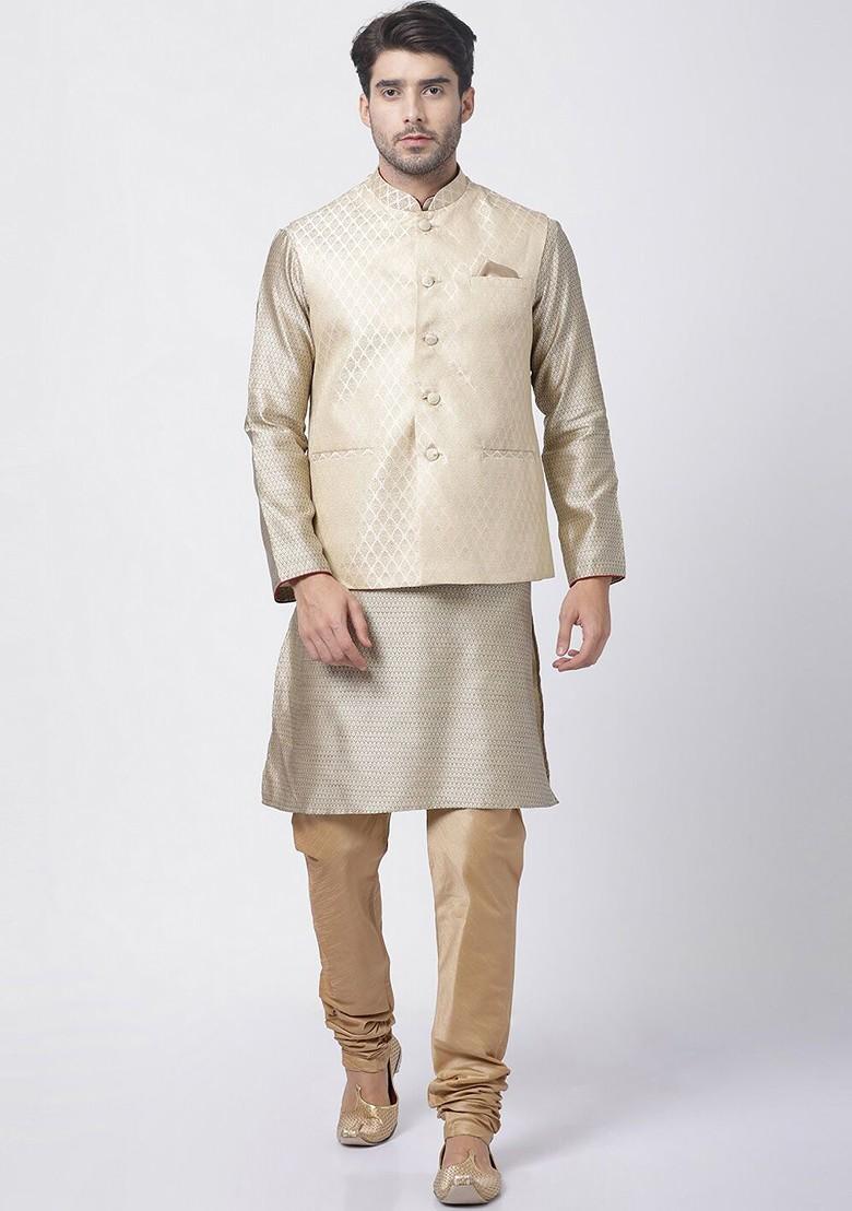 Beige Woven Poly Blend Kurta Set For Men
