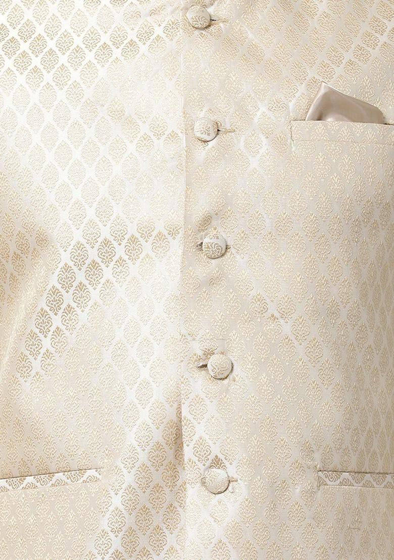 Beige Woven Poly Blend Kurta Set For Men