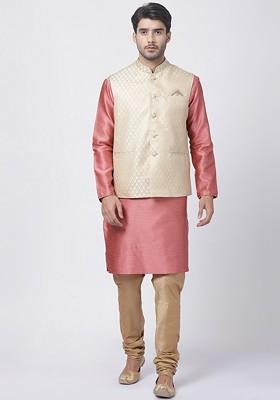 Pink Woven Poly Blend Kurta Set For Men