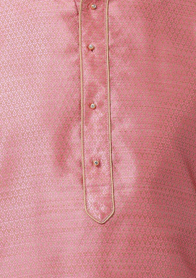 Pink Woven Poly Blend Kurta Set For Men