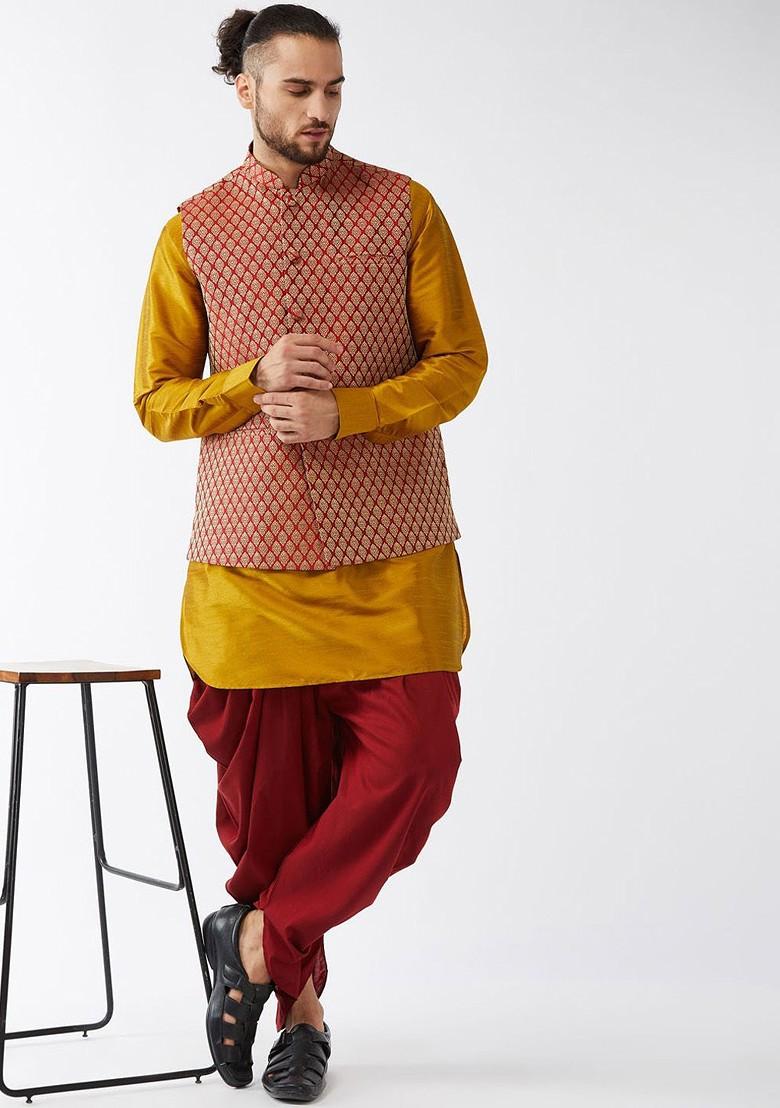 Mustard Solid Poly Blend Kurta Set For Men