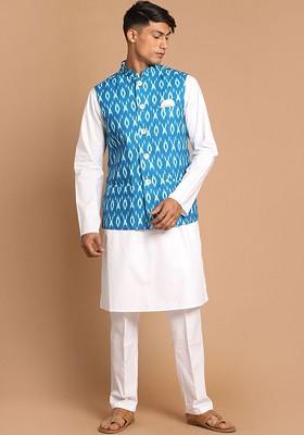 White Solid Cotton Kurta Set For Men